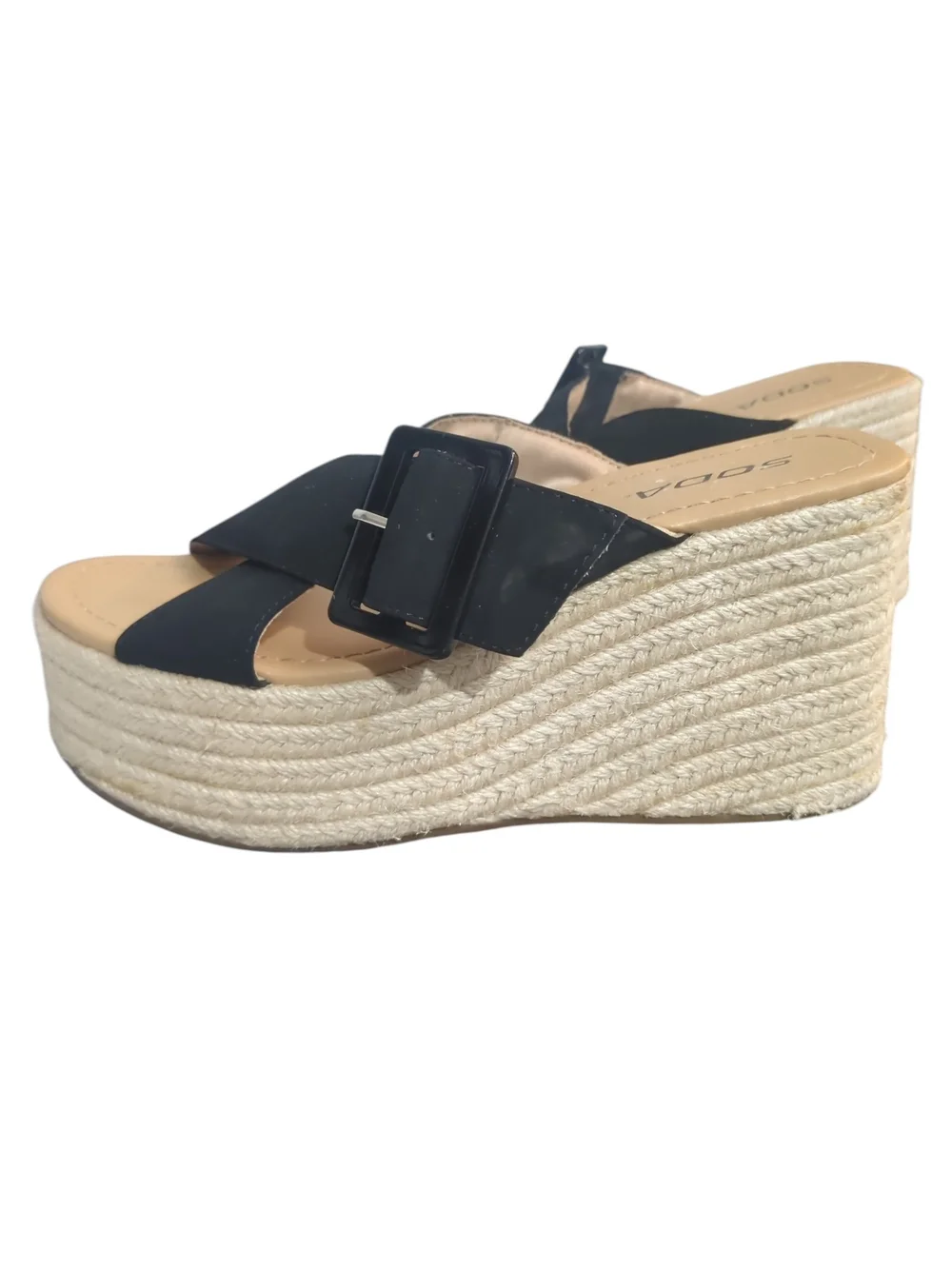 Soda Black Espadrille Platform Wedge Slide Sandals Sz 7.5 CrissCross Buckle Boho